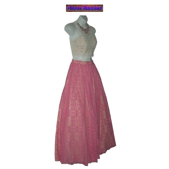 Studio 17 Dress Prom Crochet Crop Top Lace Tulle Skirt Pink Boho Carrie Bradshaw - Picture 3 of 15